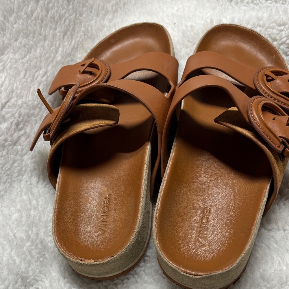 Vince Tan Leather Slide Sandals - Picture 4 of 6